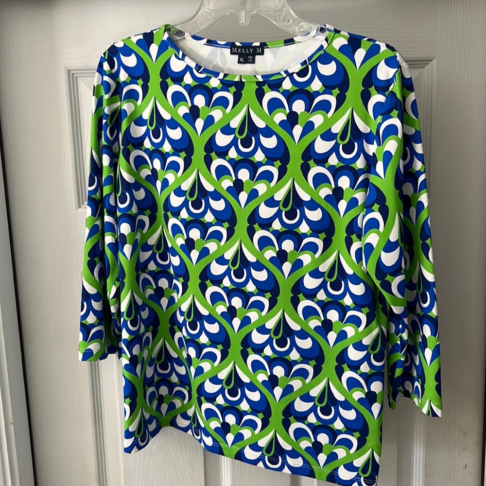 Melly M Top in Blues, Green and White NWOT